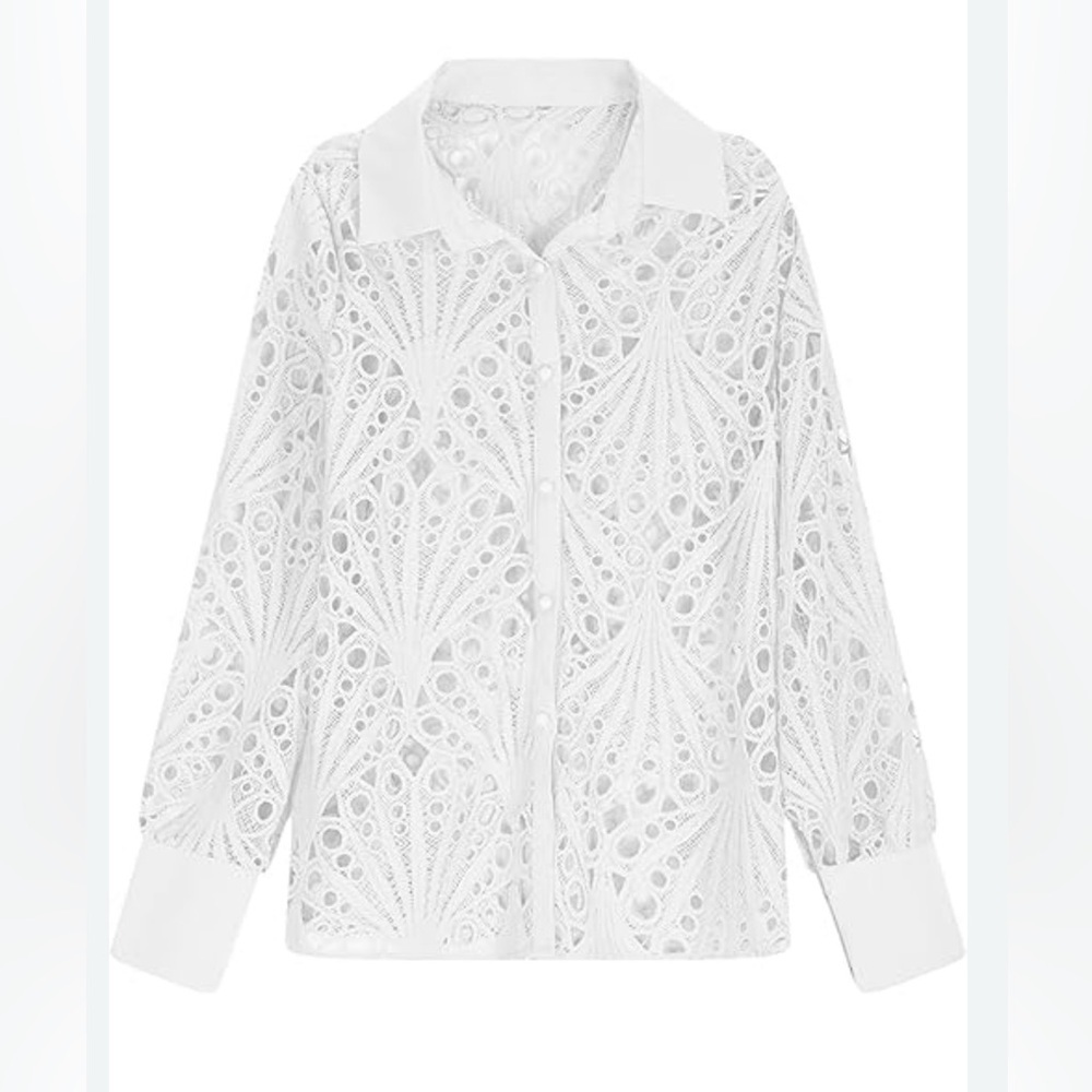 Elegant White Lace Women's Top blouse cutout